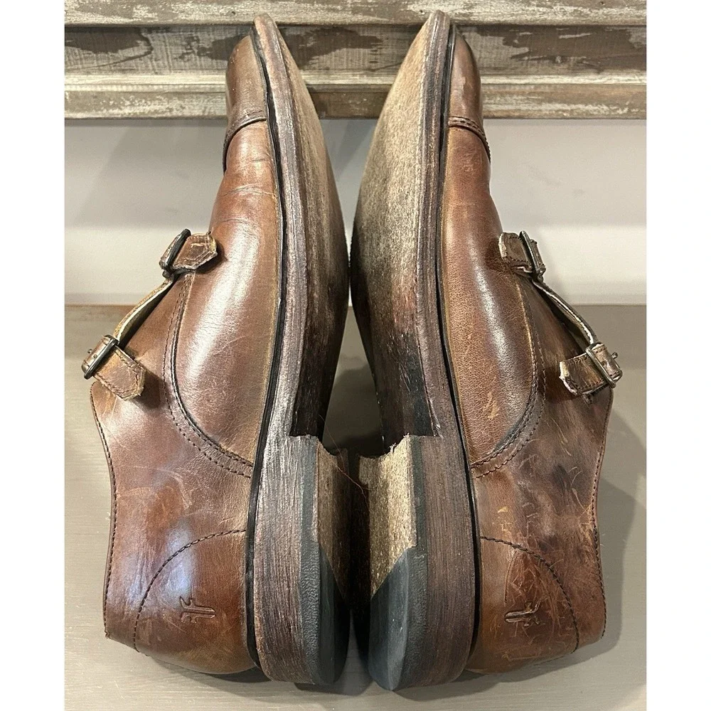 Frye Double Monk Strap Dress Shoes Mens Size 9D‎ Brown Leather Cap Toe Oxford